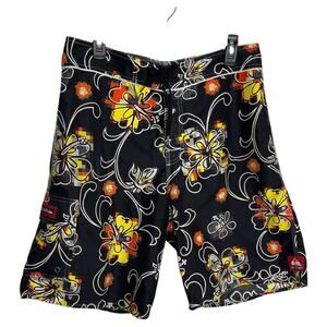 VTG 90s y2k Quiksilver Board Shorts Men's 32 Black Pixel Floral Surf Beach